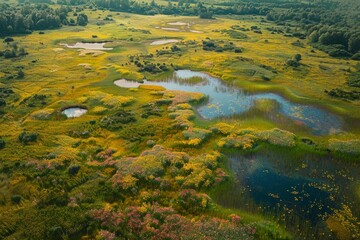 A high-angle view showcasing a vast grassy area with numerous bodies of water