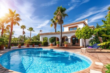 Fototapeta premium Beautiful Spanish villa with a pool and palm trees, set against a blue sky on a sunny day, epitomizing luxury living
