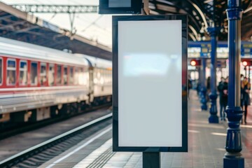 Mock-up: A vertical advertising billboard with a lightbox featuring an empty digital screen at a railway station. A blank white poster for advertising, serving as a public information board