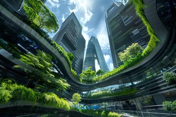 A futuristic city plaza filled with green plants and interactive digital screens showcasing the...