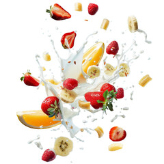 Pieces of fruit and milk flew around. Transparent background, suitable for design elements