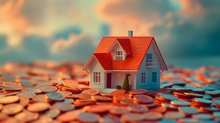 Miniature House Amongst a Sea of Coins Against a Sunset Sky