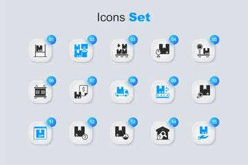 Set Warehouse check, Waybill, with boxes, Online app delivery tracking, Delivery hand, Search package, interior and cargo truck icon. Vector