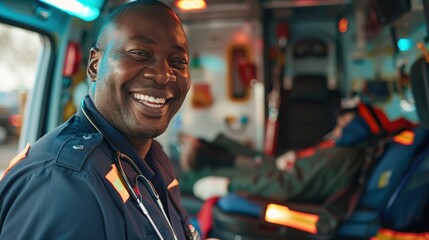american rescue In an ambulance with an injured patient Cheerful emergency medical technician at work