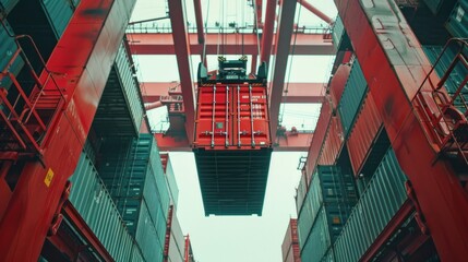 Big red steel shipping container in shipyard station The driver operating the transport equipment is loading crates in the logistics center.