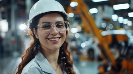 Beautiful smiling female engineer wearing glasses and white hard hat in office at automobile assembly plant