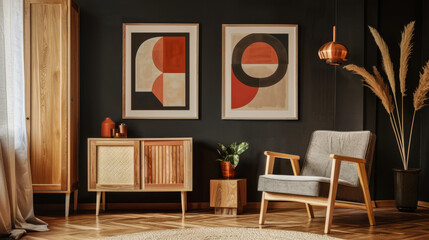 A black and white room with a wooden cabinet and a chair. The room has a modern and minimalist style