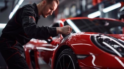 Mature man working in car care Technician polishes fender with polisher