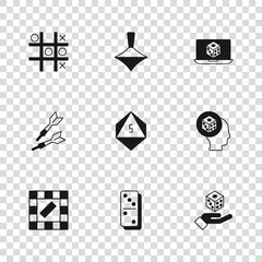 Set Domino, Game dice, Tic tac toe game, Whirligig toy and Dart arrow icon. Vector