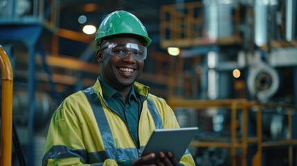 Professional industrial engineer wearing a safety uniform and yellow hard hat uses a tablet computer.
