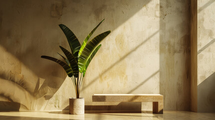A potted plant sits on a bench in a room with a wall. The plant is tall and green, and the bench is made of stone. The room is empty, with no other furniture or decorations