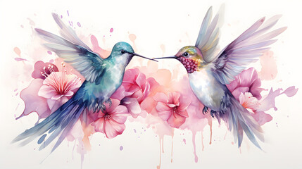 Obraz premium watercolor of hummingbirds birds in pastel and bohemian style on white background.