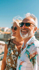A man and woman are smiling and wearing sunglasses