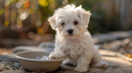 Fototapeta premium A cute, white puppy sits next to a bowl of water outside