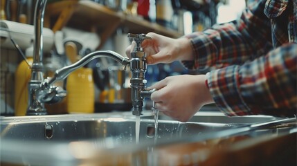 Naklejka premium picture of one person who is washing hands, repairing faucets, sinks in the kitchen