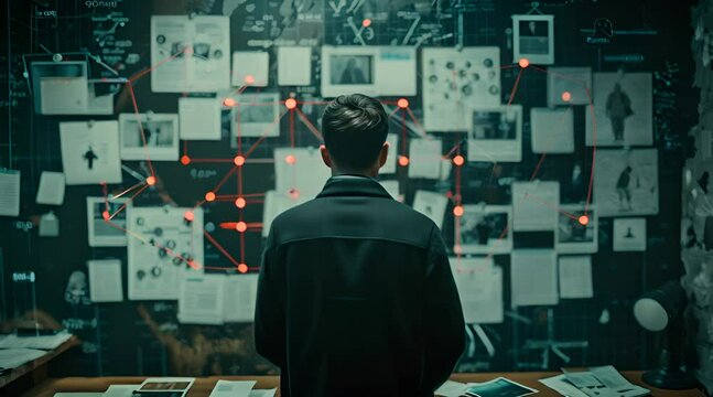 a detective or analyst immersed in deep thought, standing before a complex wall of evidence and connections