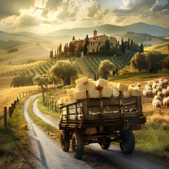 Cargo truck full of cheese products on the road in the pasture with sheep in a tuscany countryside and sunset. Concept of high quality food products, local farming, cargo and shipping.