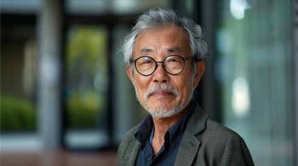 Obraz premium Portrait of a man, Asian, Japanese, old man, retired man, man wearing eyeglasses Standing outside the building smiling