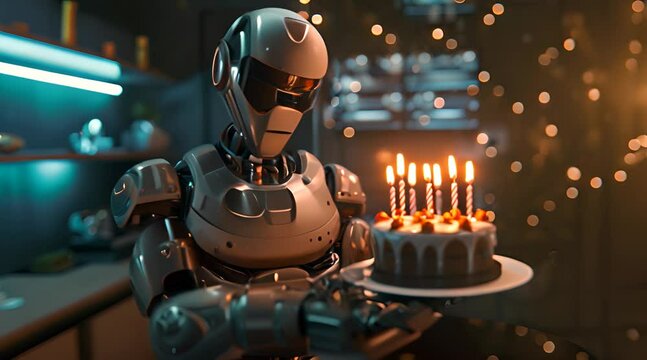 AI robot presenting a birthday cake with lit candles, set against a warmly lit