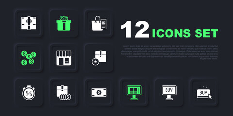 Set Buy button, Market store, Online shopping screen, Dollar symbol, Item price tag with dollar, Gift box and Stacks paper money cash icon. Vector