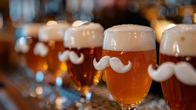 A row of beer glasses with foam mustaches.