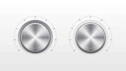 Technology music button (volume settings, sound control knob) with metal texture, shadow and light background for internet sites, web interfaces and applications. Volume button.