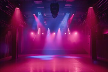 Club stage empty, lit by vibrant spotlights for a dance event