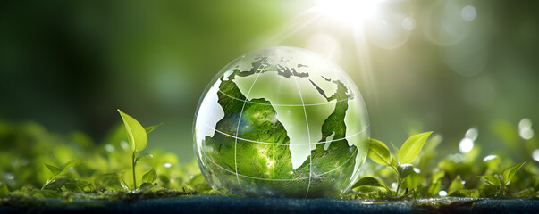 Glass globe resting on green leaf. Green earth crystal sphere blur background