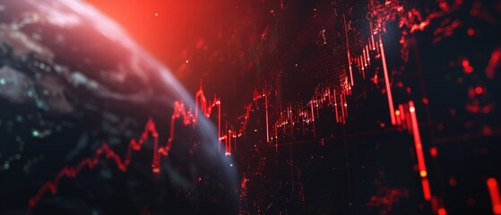 A red and black image of a planet and stock market graph