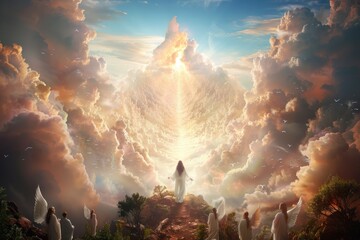 Fototapeta premium Paradise in Heaven: a unique concept central to religious teachings that depicts Kingdom of Heaven as a realm of eternal life and divine presence, bridging mortal existence and transcendent reality