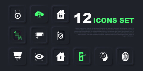Set Lock, Fingerprint, Security camera, door lock, Document and, Eye scan, Cloud computing and House under protection icon. Vector