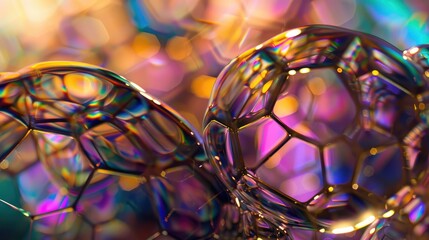 Vibrant abstract macro of iridescent soap bubbles.