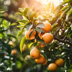orange tree with fruits, oranges on tree branch in sunny morning, A orange garden with full or orange fruits