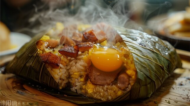 Pictures of cooked food, Chinese food, Asian food, steamed rice, rice wrapped in lotus leaves, bajang rice. The rice has ingredients in it, including pork and eggs.