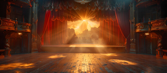 Vintage Circus Stage with Ornate Tent Curtains Evoking Nostalgic Theatrical Performance in Soft Dramatic Lighting