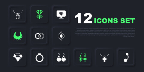 Set Christian cross on chain, Piercing, Wedding rings, Earrings, Necklace, Diamond engagement, Stud earrings and icon. Vector