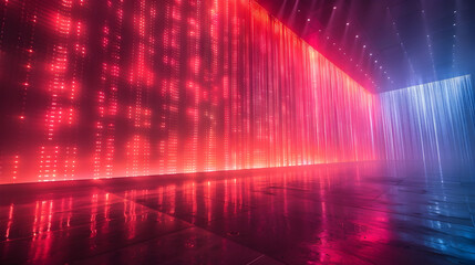 Visually Captivating Theater Stage with Futuristic LED Curtains Displaying Dynamic and Vibrant Visuals for an Immersive and Cutting Edge Theatrical