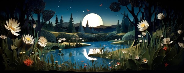 The full moon rises over a tranquil lake, casting a silvery glow on the water