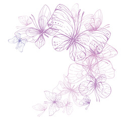 Butterflies are pink, blue, lilac, flying, delicate line art. Graphic illustration hand drawn in pink, lilac ink. Circle frame, template EPS vector