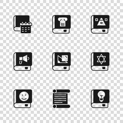 Set Decree, parchment, scroll, Jewish torah book, User manual, Book about geometry, Ancient magic, Daily paper notepad, History and icon. Vector