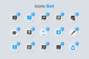 Set Translator book, History, Book about weapon, Law, Inkwell, Fountain pen nib, User manual and Table lamp icon. Vector