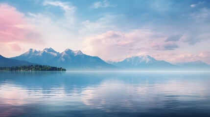 The peaceful lake and mountains in the distance create a beautiful scene