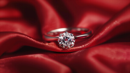 Diamond ring on the red silk background in focus.