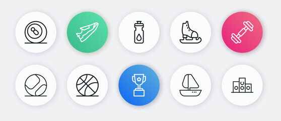 Set line Award cup, Dumbbell, Baseball ball, Yacht sailboat, Skates, Fitness shaker, over sports winner podium and Basketball icon. Vector