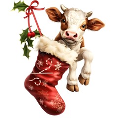 christmas reindeer  cute cow isolated on white background,  Festive Delight A Whimsical Christmasthemed Baby Cow Adorned in Sublimated Scarf