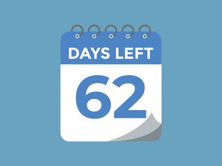 62 days to go countdown template. 62 day Countdown left days banner design. 62  Days left countdown timer