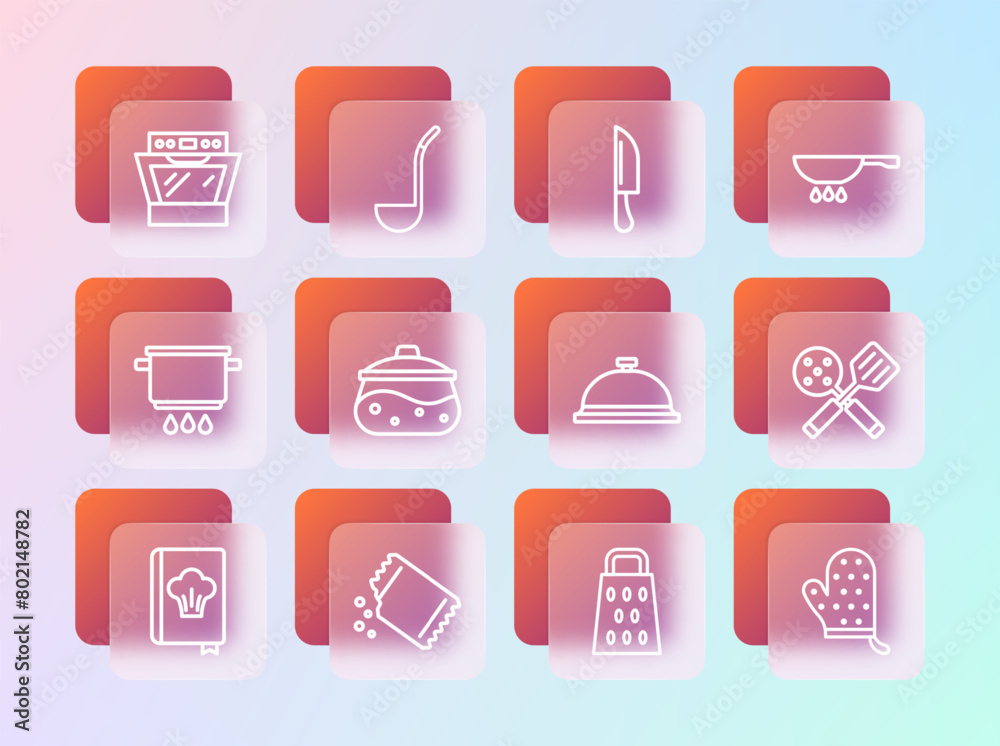 Canvas Prints Set line Frying pan on fire, Packet of pepper, Covered with tray food, Grater, Cooking pot, Knife, Oven and Kitchen ladle icon. Vector