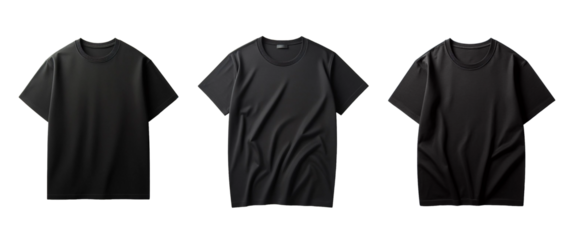 Set of black blank t-shirt front side isolated on transparent background. T-shirt mockup presentation for print
