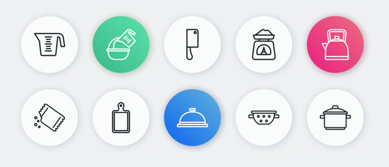 Set line Covered with tray of food, Kettle handle, Packet pepper, Kitchen colander, Scales, Meat chopper, Cooking pot and Cutting board icon. Vector