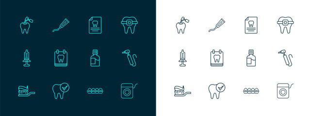 Set line Teeth with braces, Tooth, Mouthwash, Calendar tooth, Clipboard dental card, caries and drill and Tube of toothpaste icon. Vector